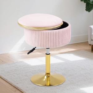 Adjustable Vanity Stool with Storage, 360 Swivel Makeup Stool Chair Small Velvet Round Ottoman with Gold Base for Bedroom, Pink