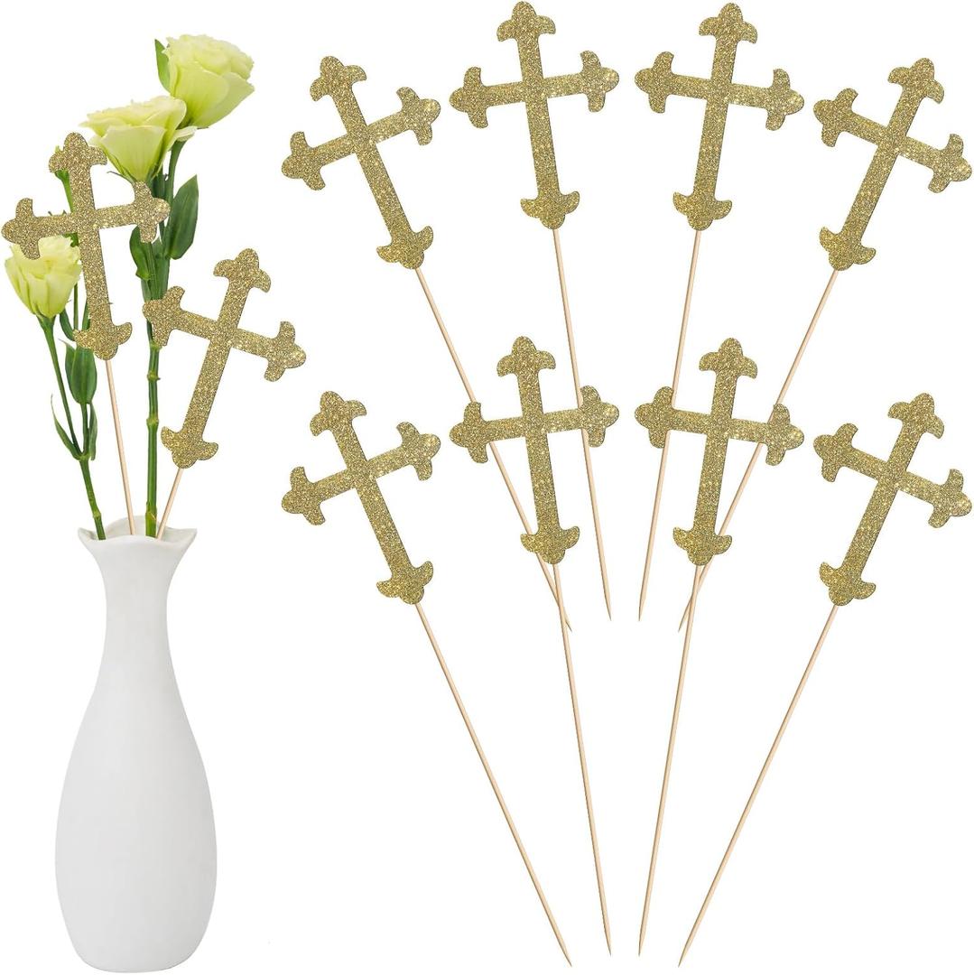 Menkxi 30 Pcs Baptism Gold Glitter Cross Centerpiece Sticks 10" Double Side Cross Baby Shower Cake Toppers Centerpieces for Tables Wedding Birthday Party Religious Christening Decoration