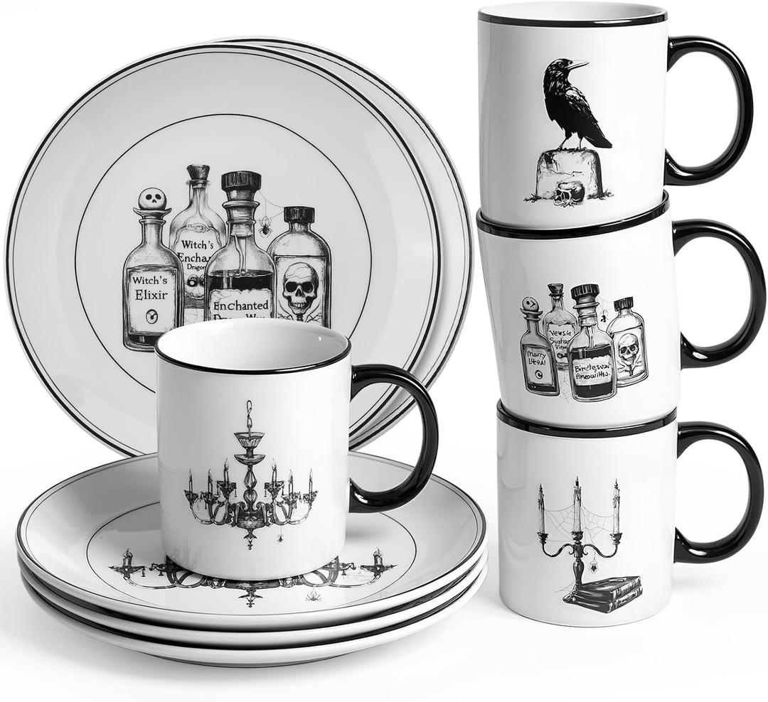 8 Pcs Halloween Dinnerware Set 8'' Vintage Halloween Plates and 11 oz Mugs Ceramics Vintage Dessert Plates and Coffee Mug Gothic Dinnerware for Indoor Outdoor Use Dinner Gift