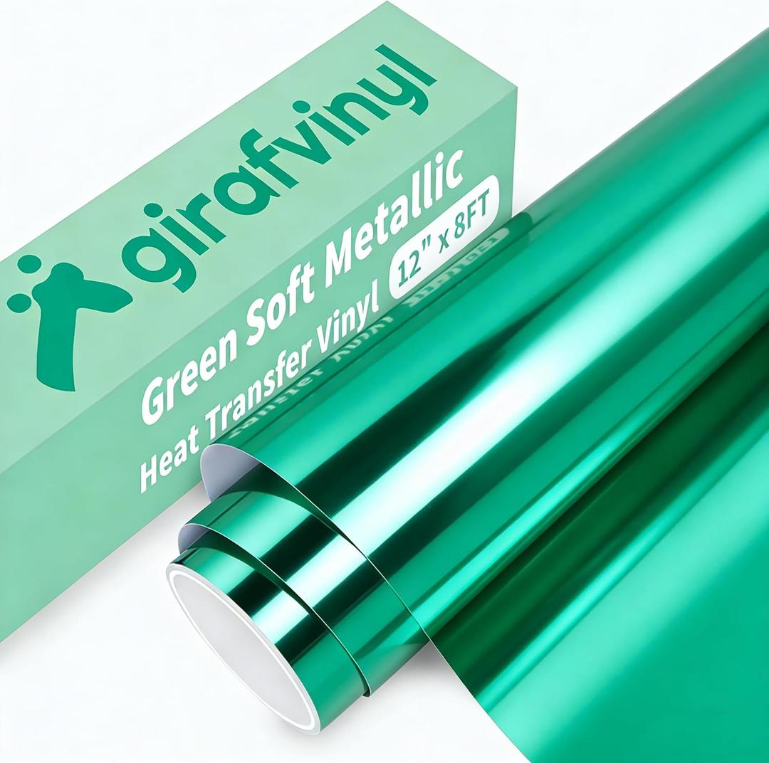 GIRAFVINYL Green Iron on Vinyl Heat Transfer, 12" X 8ft Metallic Foil Green HTV Vinyl for DIY T-Shirt, Bags, Garments