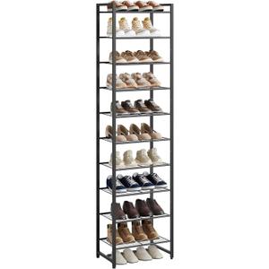 Narrow Shoe Rack, 10-Tier Metal Shoe Organizer,Tall Shoe Shelf with Anti-Tip Strap, Max Holds 20 Pairs,Space Saving for Closet,Entryway,Black