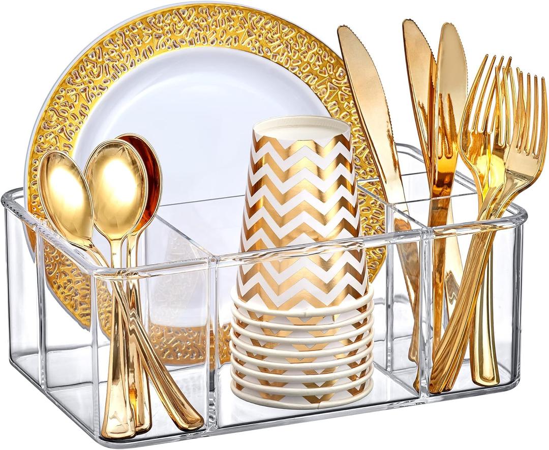 Amazing Abby - Felicia - Plastic Flatware Organizer, 5-Compartment Utensil Holder, Paper Plate Holder, Cutlery and Silverware Storage for Countertop, Perfect Storage Solution for Home and Restaurant