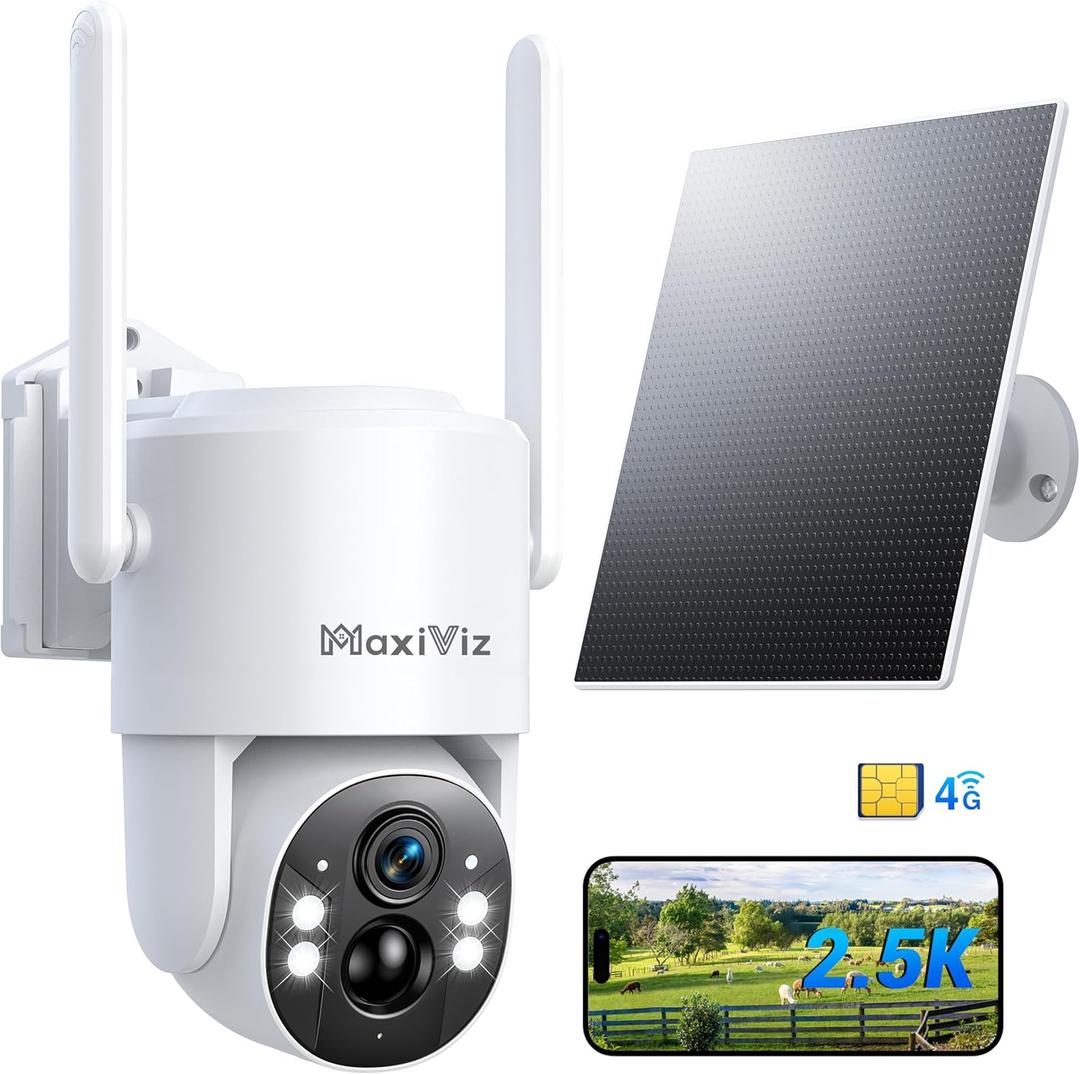 4G LTE Outdoor Solar Powered Cellular Security Camera Wireless, Off-Grid Camera No WiFi Required, 2.5K UHD Color Night Vision, 360 Live View, Local/Cloud Storage, IP66 Weatherproof, SIM Card