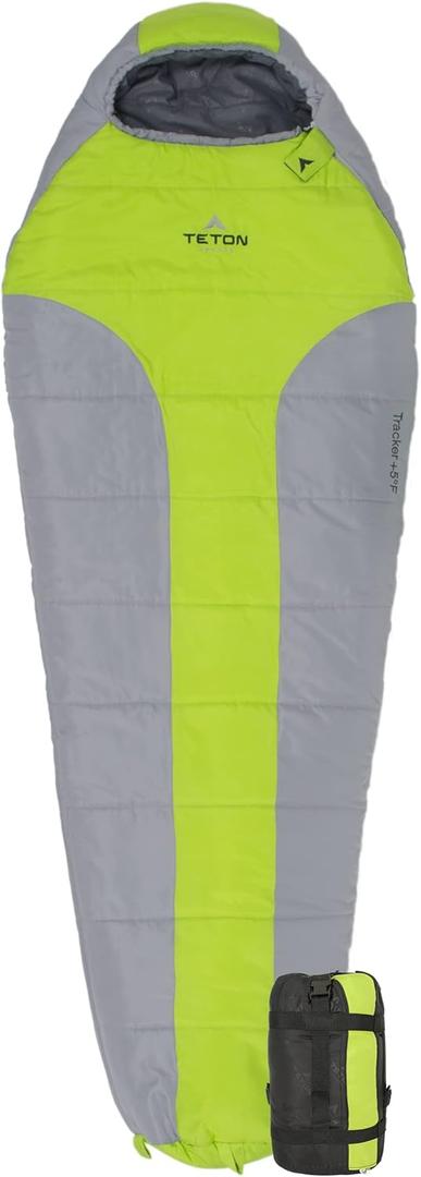 Teton  5F Degree Sleeping Bag; Lightweight, Warm Weather Mummy Sleeping Bags for Adults and Kids, Camping, Backpacking, Hiking (Green & Grey)