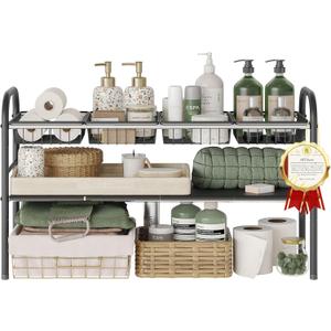 NETEL Under Sink Organizers and Storage, 2 Tier Expandable Under Cabinet Organizer Shelf with 4 Baskets and 4 Panels, Expandable Shelf for Cupboard, Kitchen, Bathroom, Shoe Storage Rack