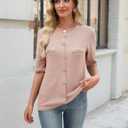 Women's Summer Button Down Shirts Casual Short Sleeve Crew Neck Ribbed Knit Blouse Open Front Work Cardigans (Black, L)