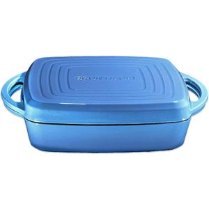 Bruntmor 2-in-1 Square Dutch Oven Casserole Dish with Lid, Dual Handles and Grill Pan for Baking, Braising and Grilling - Durable All-in-One Enameled Cast Iron Cookware Set for Kitchen, Whale Blue