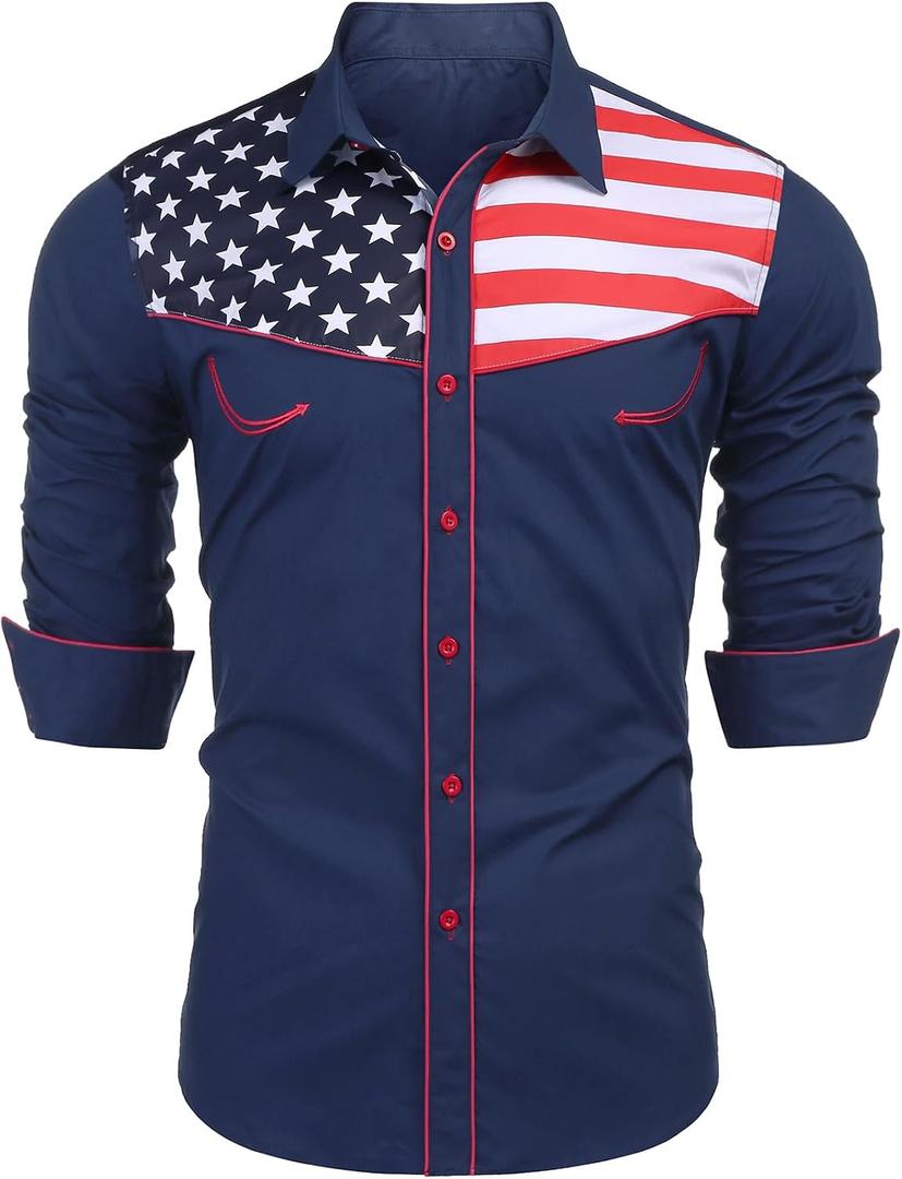 COOFANDY Men's American Flag Button Down Shirts Western Cowboy Shirt Slim Fit Patriotic Long Sleeve Shirt (Blue, XL)