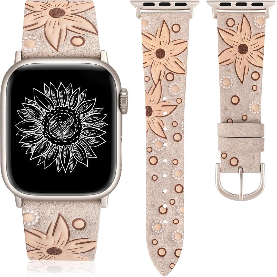 Minyee Leather Band Compatible with Apple Watch Band 41/40/38/44/45/46/49/42mm Women, Boho Western Embossed Sunflower Floral Premium Leather Strap for iWatch Series 11 10 9 8 7 6 5 4 SE/Ultra 3 2 1