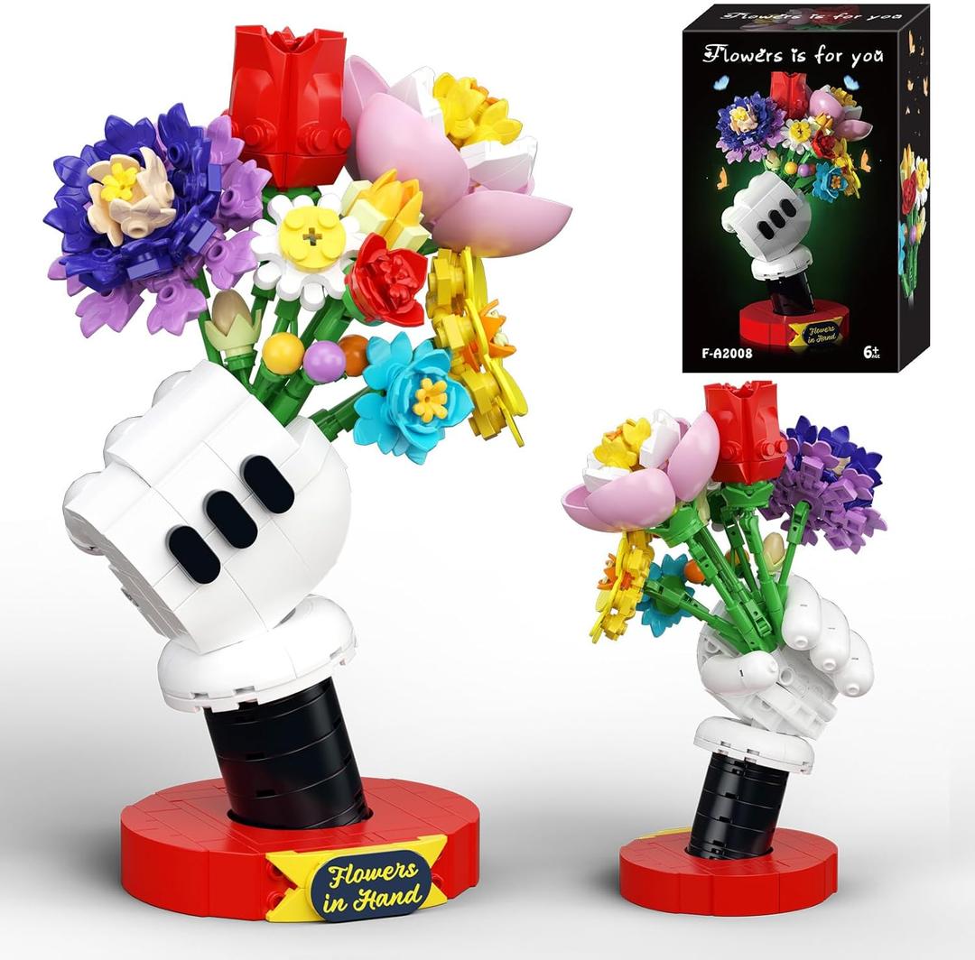 Flower Bouquet Building Set with Display Stand - Artificial Fake Plants Botanicals Flowers for Home Decor, for Boys Girls, Kids 6+, Adults