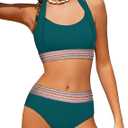 Girls Swimsuit 2 Piece Color Block Halterneck Bikini Sets with Adjustable Straps High Waist Girls Bathing Suits 9-16Y, Size XL