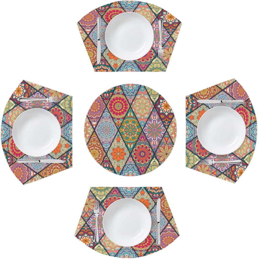 Wedge Placemats Set of 4 Colorful Mandala Geometric 4 Wedge Table mats and 1 Round Place mat Heat Resistant Non-Slip Washable Dining Table for Kitchen Outdoor Indoor Decor Cloth Placemat Boho Flower (A03:ethnic Boho)
