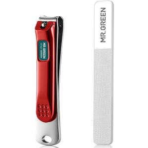 MR.GREEN Nail Clippers Curved Blades Fingernail Cutter Nippers Manicure Scissors Stainless Steel Pedicure Tools with Nail Flies (Medium-Red+Glass File)