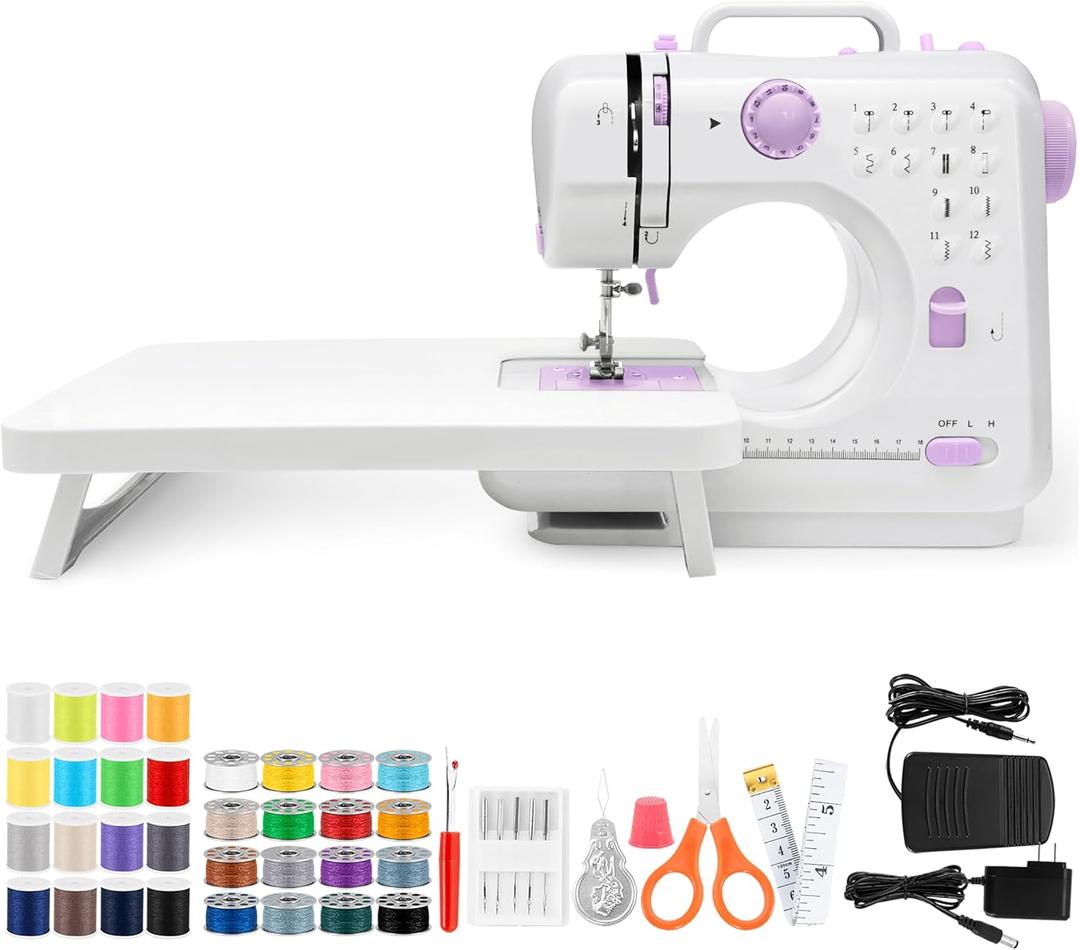 Sewing Machine with Extension Table, Mini Sewings Machines Portable Electric Sewing Machine, 12 Stitches Sewing Machines with LED Light, Sewings Accessory Kit, Ideal for Clothing, Pillowcases, Sheets