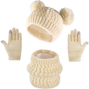 Kids Winter Beanie Hat Scarf Gloves Set Toddler Girls Winter Hat with Pom Neck Warmer Gaiter Mittens Knitted Fleece Lined