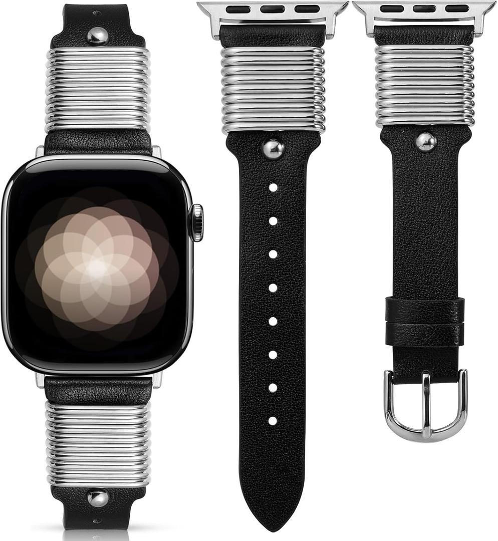 Wearlizer Leather Band Compatible with Apple Watch Bands Women 38/40/41/42mm, Slim Dressy Fancy Designer Leather Strap with Metal Ring Loops for iWatch Series 10 9 Ultra SE 8 7 6 5 4 3 2 1 (Black/Silver), Size: 38/40/41/42mm(Series 10)