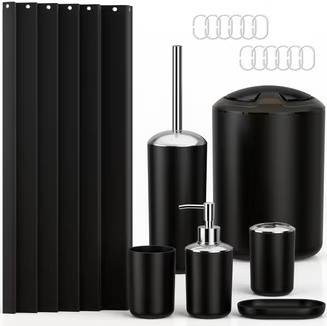 Bathroom Accessories Set Bath Ensemble Includes Soap Dispenser, Toothbrush Holder, Toothbrush Cup, Soap Dish for Decorative Countertop and Housewarming Gift (Shiny black-6pcs)
