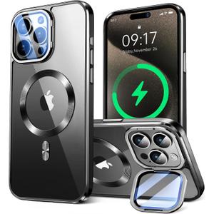 for iPhone 15 Pro Max Case Compatible with Magsafe Accessories,Stash Stand 9H Lens Protection,Slim Phone Case Military-Grade Shock Anti Yellowing Transparent Case 6.7-Black