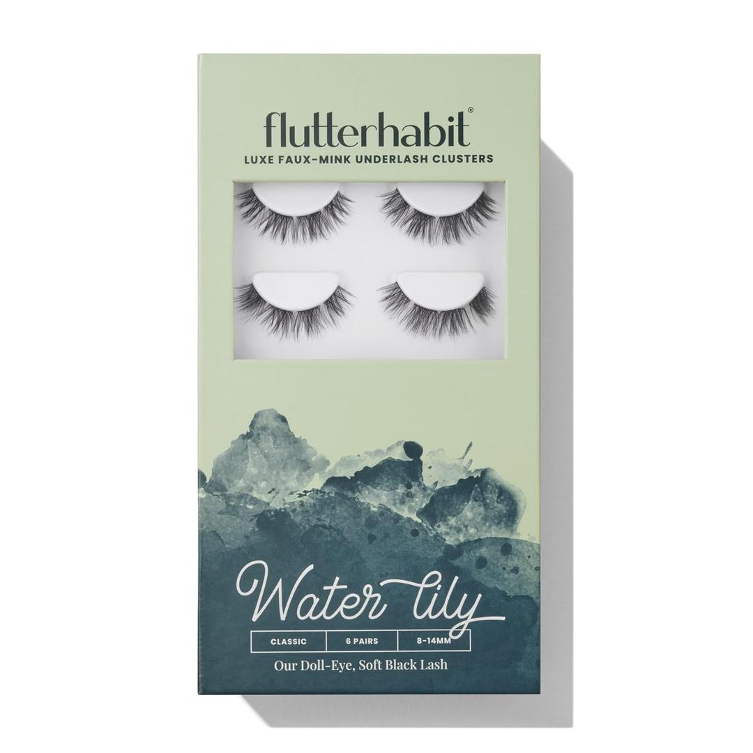 FlutterHabit Water Lily prepTECH Classic 6 Pair Underlash Extensions, 814mm Mixed Black Brown Lash Clusters, Reusable Under Lash Eyelashes Home Application, Medium Volume Doll Eye, Adhesive Required