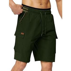 DAINASONG Men Shorts Casual, Men's Cargo Shorts Elastic Waistband Drawstring Hiking Short Pants with Multi Pockets, Green Medium