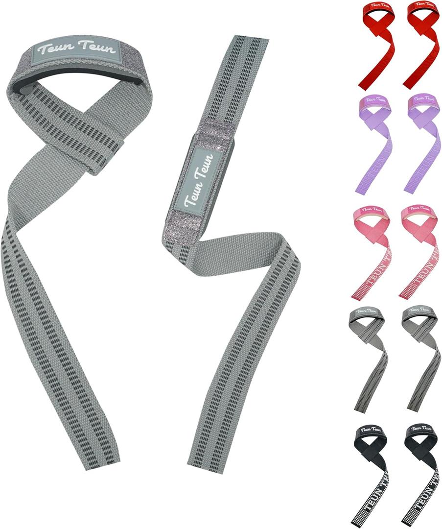 Teun Teun Glitter Weight Lifting Wrist Straps  24-Inch Cotton Gym Straps with Neoprene Padding for Deadlifts, Powerlifting, and Strength Training (Grey)