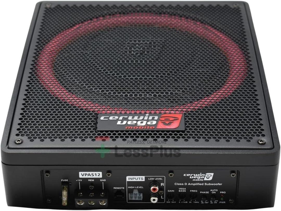 CERWIN-Vega! VPAS12 12-Inch 600W Compact Powered Subwoofer  Slim Design with Passive Radiator, Bass Boost & Remote Control  Perfect for Cars, Trucks & SUVs