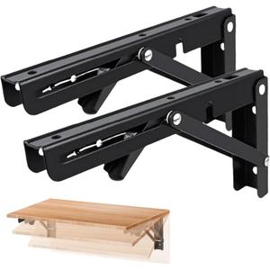 Folding Shelf Brackets Max. Load 580 lb, 16 Inch Black Collapsible Heavy Duty Brackets for Table Bench - Space Saving, 2 Pack