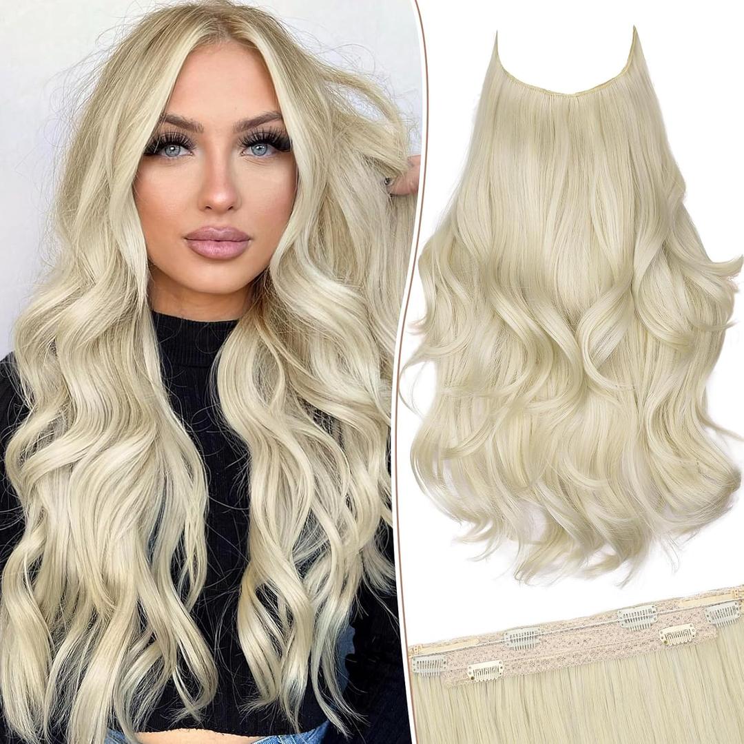 KooKaStyle Invisible Wire Hair Extensions Long Wavy Layered Synthetic Hair Extensions with Transparent Wire Adjustable Size 6 Secure Clips 4T613D#Platinum Blonde Hairpieces for Women 20 Inch