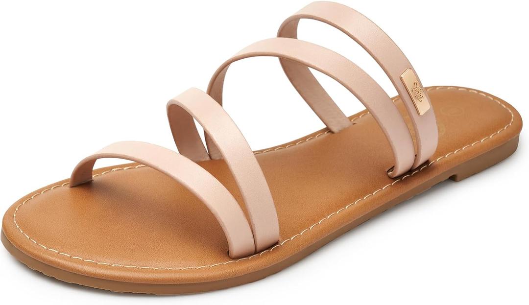 Trary Women's Flat Sandals, Round Open Toe Multi Strap Slide Sandals with Metal Accent, Strappy Dressy Summer Flip Flops Comfortable Casual Beach Shoes for Women US 7.5