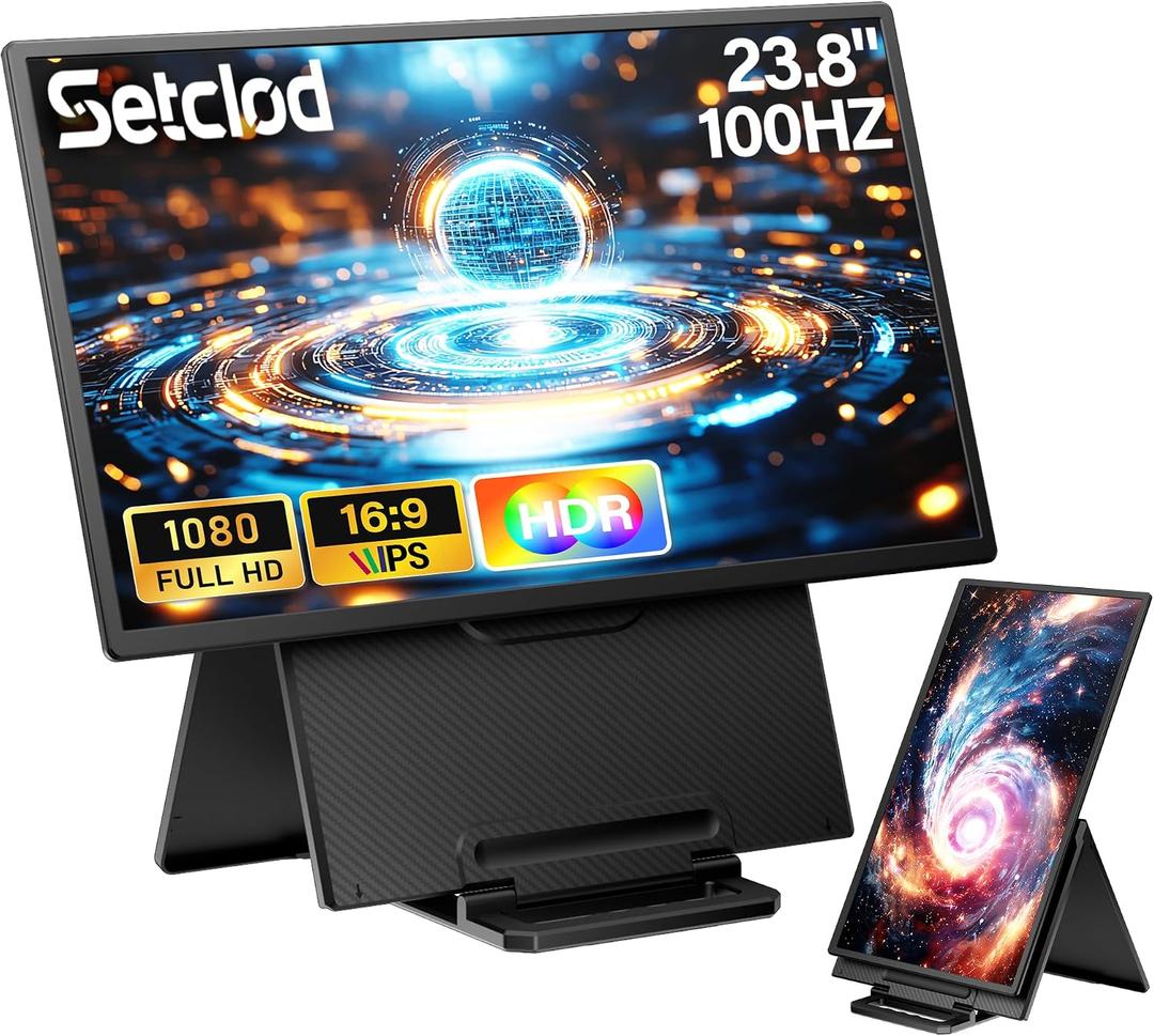 Setclod 23.8" Large Portable Monitor, 1080P FHD 100Hz Laptop Screen Extender, IPS 125% sRGB, Extra USB Hub for Office Gaming with Detachable Stand, Travel Monitor for Window, MAC, Xbox, Switch