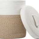 Yimi's Dream Lidded Storage Basket, Medium Cotton Rope Basket with Lid, Small Round Storage Basket for Nursery, Living Room, Kids, Blanket, Toys (11.5''D * 13.5''H, Brown & White)
