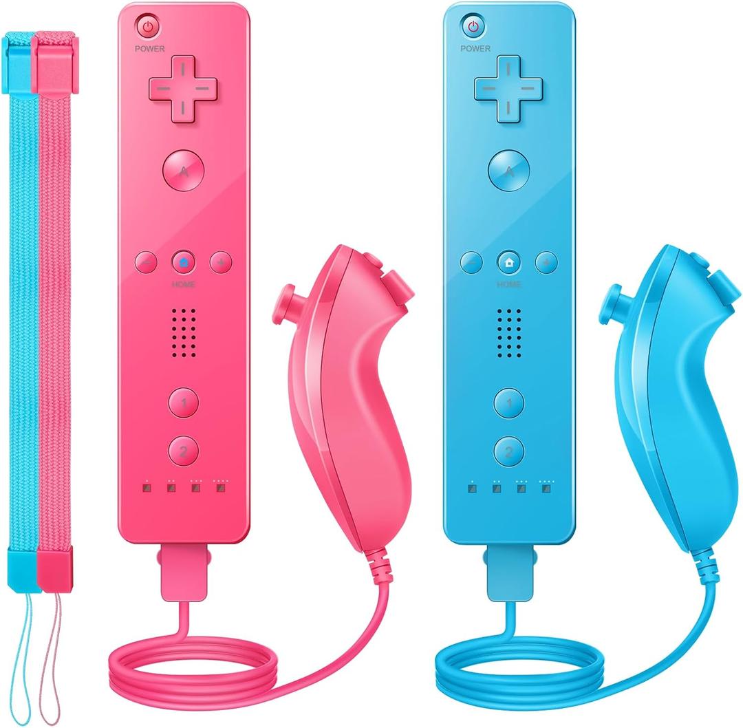 Wii Controller 2 Pack, Wii Remote Controller and Nunchuck Joystick with Silicone Case and Wrist Strap for Holiday (Pink and Blue)