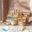 CoralHouse Clear Makeup Organizer with Gold Frame Countertop Vanity Organizer for Skincare, Lipsticks, Perfume & Brushes Bathroom Cosmetic Storage Display Box