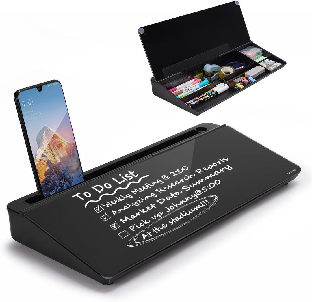 TSJ OFFICE Desktop Whiteboard Dry-Erase-Board - Computer Keyboard Stand White Board Surface Pad with Drawer, Desk Organizers with Accessories for Office, Home, School Supplies (Black Base/Glass)