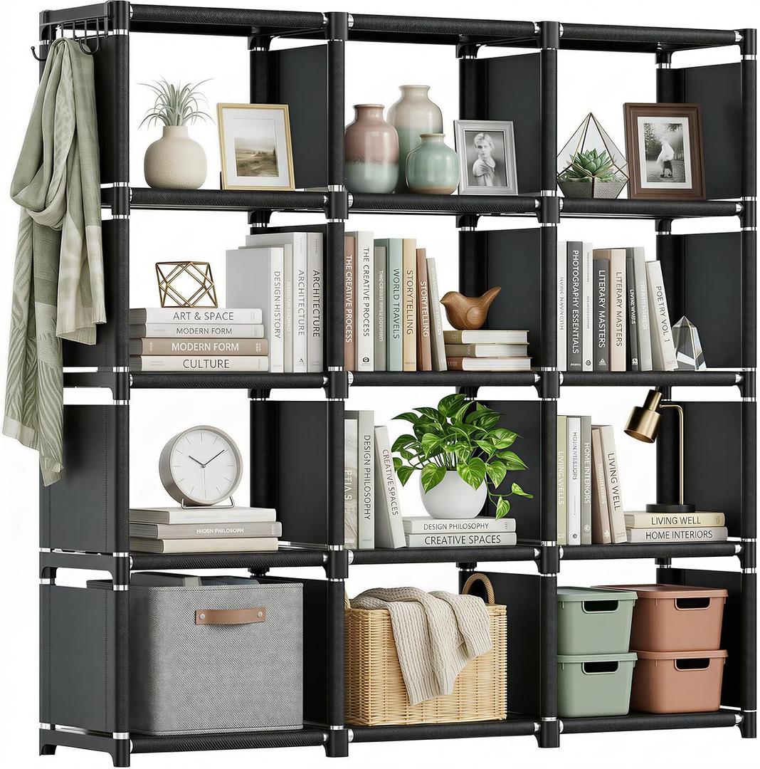 Mavivegue Book Shelf, 12 Cube Storage Organizer, DIY Bookcase, Metal Bookshelf,Tall Book case for Bedroom, Living Room,Office,Closet, Black Cubicle Rack, 12-grid