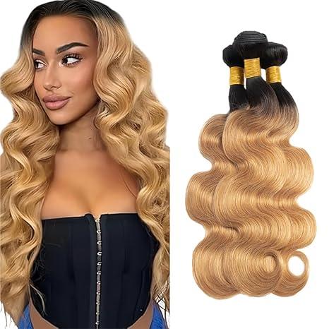 Ombre Bundles Human Hair 1B27 Body Wave Bundles 24 26 28 Inch Double Weft 2 Tone Black and Honey Blonde Bundle Hair Weave Niegmeag Virgin Remy Hair Extensions