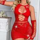 Avidlove Fishnet Lingerie Womens Mesh Chemise One Piece Babydoll Mini Dress Lace Sparkle Rhinestone Lingeries for Women (Red, M)