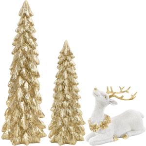 3 Pack Christmas Trees and Reindeer Figurines Decoration- 2 Glittered Christmas Tree Statues and 1 Deer Vintage Christmas Decor Set, Resin Ornaments Tabletop Shelf Office Display Stand Indoor(Gold)