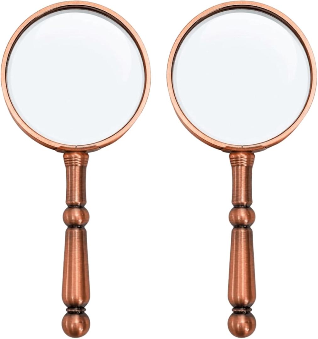 YOUEON 2 Pcs 6X Antique Magnifying Glass for Reading, Handheld Magnifier with Metal Handle, Portable Magnifying Lens for Books and Newspaper, Science Class, Observation