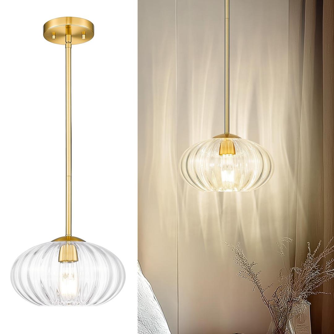 FEMILA Pendant Light for Kitchen Island, 10.3" Brushed Gold Pendant Lighting, Dome Glass Pendant Light Vintage Light Fixtures for Bedroom Hotel Dining Room, 4FYD85MIL BG