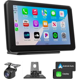 Wireless CarPlay & Android Auto Car Stereo - 7" HD Portable Touchscreen with Bluetooth 5.2, GPS Navigation, Mirror Link, 1080P Backup Camera, AUX & FM Transmitter - Plug & Play Receiver for Vehicles