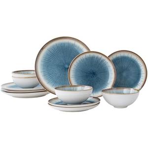 WHITEPEONY Blue Stoneware Dinnerware Set, 12 Pieces, Blue Stripe Marble, Dishwasher & Microwave Safe