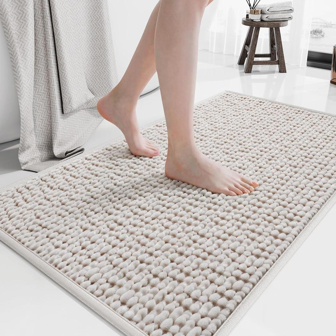 Bathroom Rugs Mat 16x24, Extra Soft Absorbent Chenille Bath Rug, Non Slip PVC Backing Washable Quick Dry Bath Mats for Bathroom Fit Under Door, Tub, Shower, Sink, Home Decor Accessories Beige