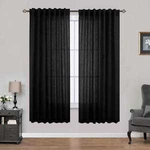 Mrs.Naturall Black Back Tab Linen Blend Sheer Curtains for Living Room 52x63 Inches Long