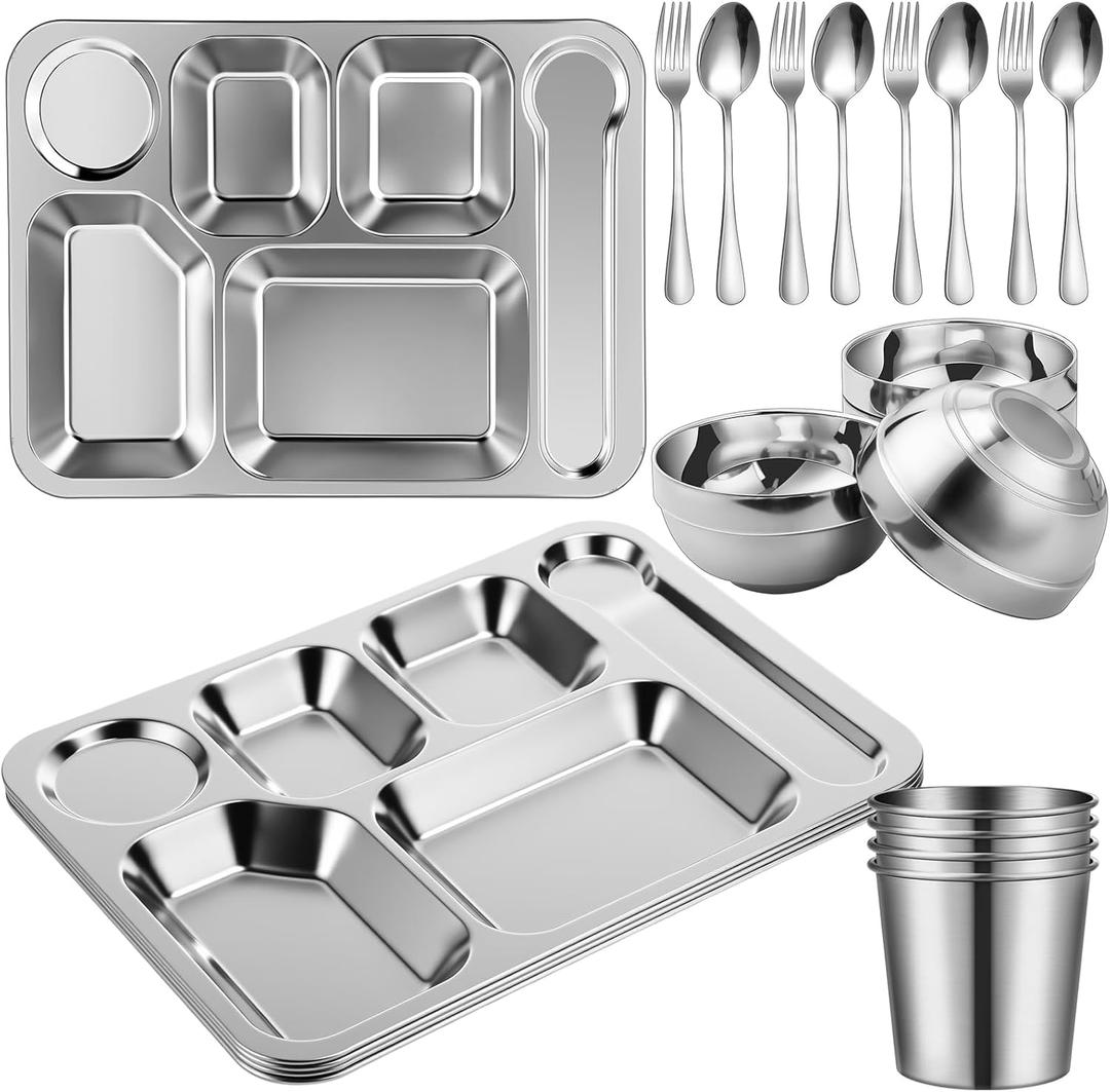 20 Pcs Stainless Steel Plates Bowls Cups Spoons Forks 304 Stainless Steel Dinnerware Set Divided Plates Dinner Tray for Home Kitchen Restaurant(6 Compartment)