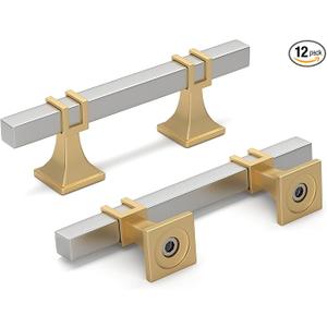 homdiy 12 Pack 3 Inch(76 mm) Hole Centers Brushed Nickel and Gold Cabinet Pulls Silver and Gold Cabinet Handles Zinc Alloy Brushed Nickel and Brass Dresser Drawer Pulls Kitchen Drawer Handles