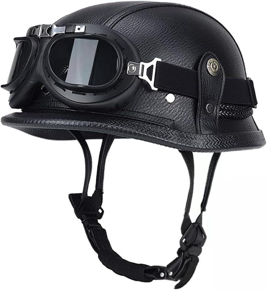 German Style Motorcycle Helmet, Retro Leather Motorcycle Half Helmet Skull Cap for Adult Men Women, Vintage Open Face Half Shell Helmet for Cruiser Scooter Chopper, DOT Approved (Medium, Black)