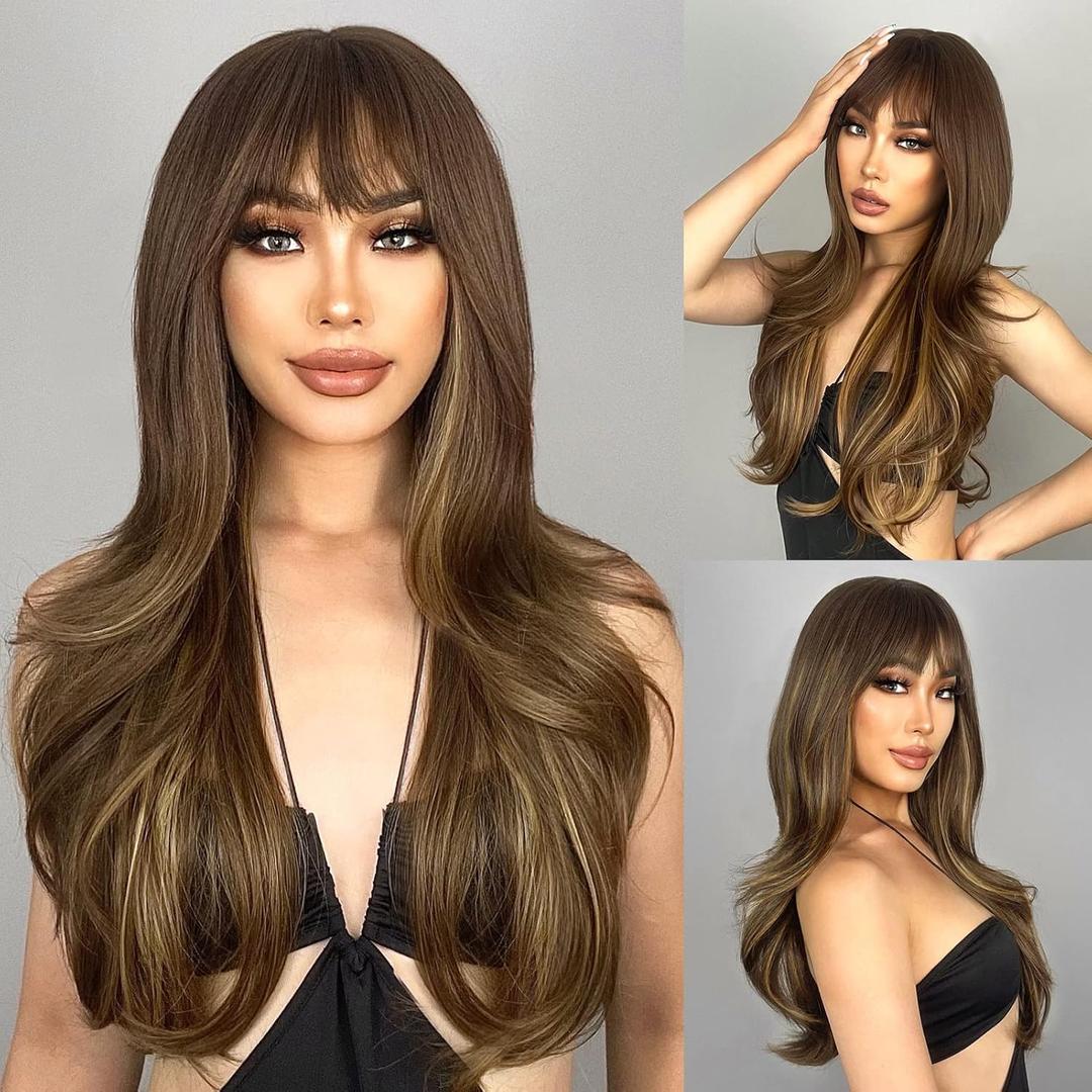 N NAYASA Brown Wigs with Bangs Long Layered Wigs for Women Brown Mixed Blonde Synthetic Wig Heat Resistant Natural Looking Wigs for Daily Party Use