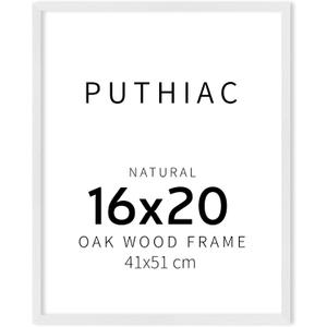 puthiac 16x20 Solid Oak Wood Picture Frame, Fits 12x16 with Mat or 16x20 Without Mat, Wall Display Only, Vertical or Horizontal, Plexi Front, 1 Pack, White