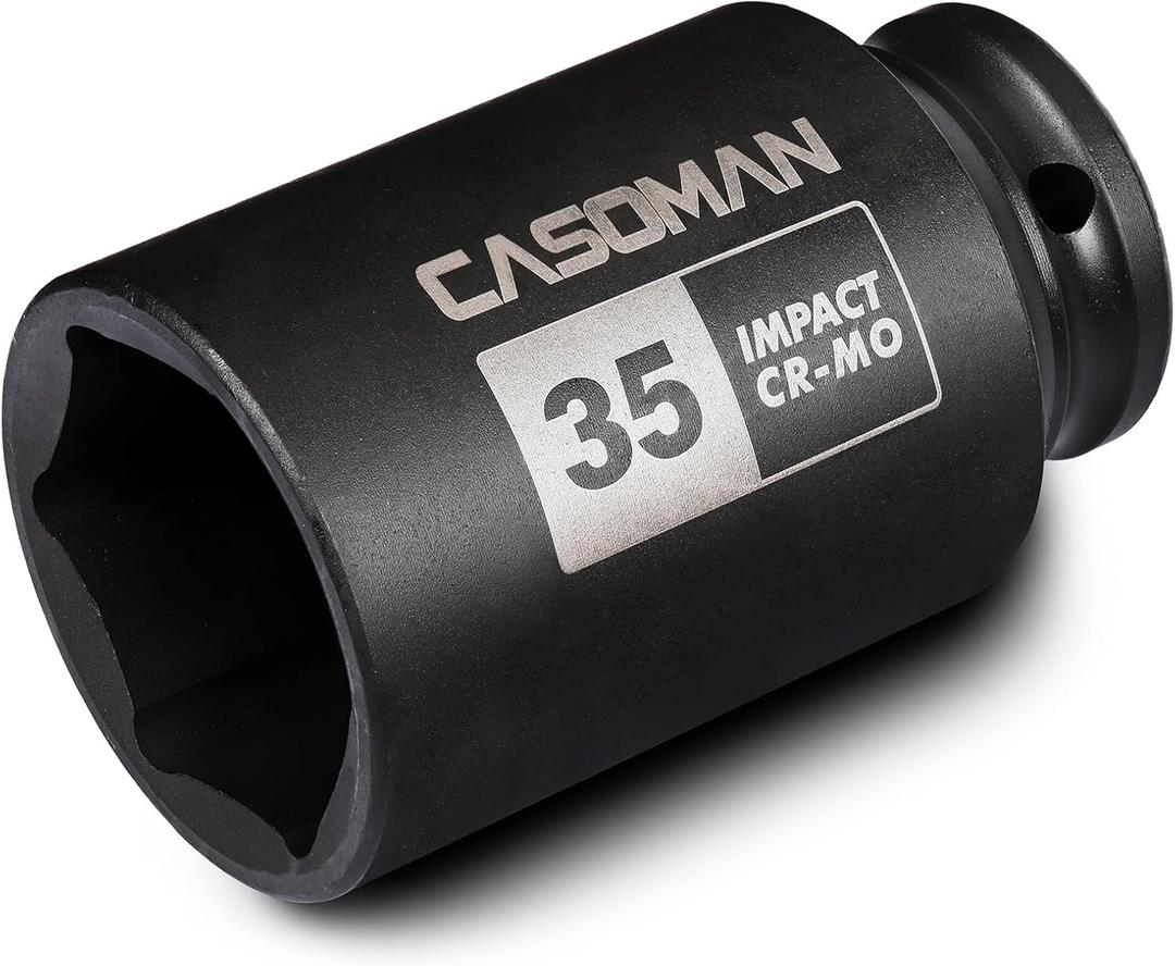 CASOMAN 1/2" Drive x 35 mm Deep 6 PT Impact Socket, CR-MO, 1/2-inch Drive 6 Point Axle Nut Socket for Easy Removal of Axle Shaft Nuts (35MM)